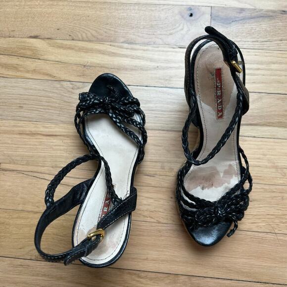 Prada Women's 35 US 5 Leather Braided Espadrilles Black Strappy Sandals Luxury - Picture 15 of 16